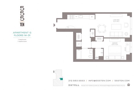 Floor plan for 1 bed, 1 bath, 751 sqft